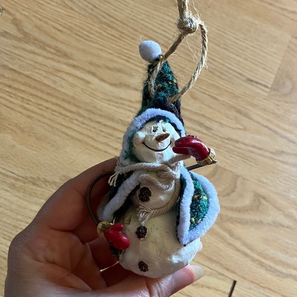 Festive Snowman Ornament with Red Mittens